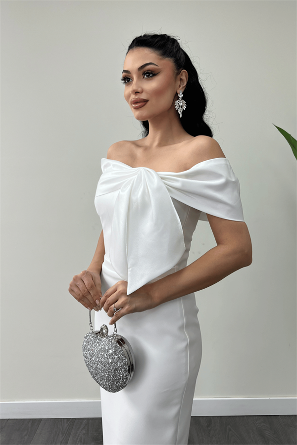 Atlas Kumaş Yakası Kurdale Detaylı Kalem Elbise - BEYAZ