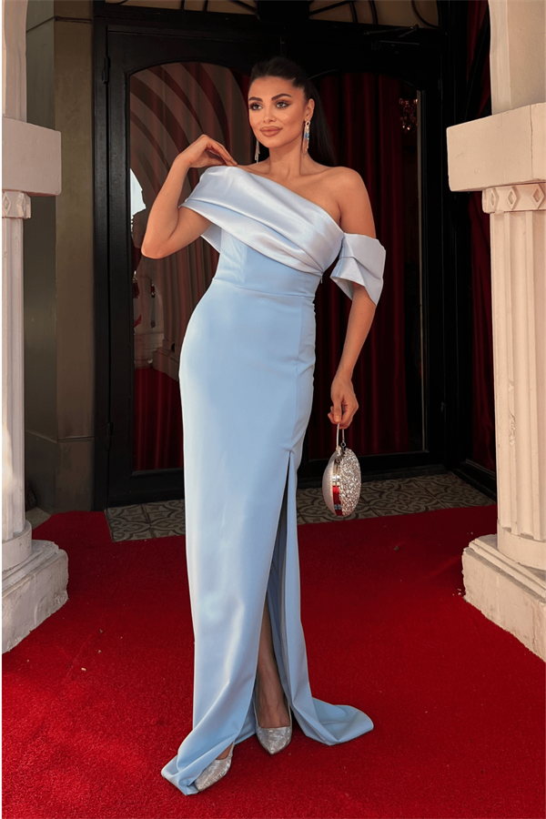 Atlas Organze Kumaş Kayık Yaka Abiye Elbise - BEBE MAVİSİ