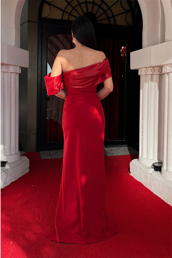 Atlas Organze Kumaş Kayık Yaka Abiye Elbise - KIRMIZI