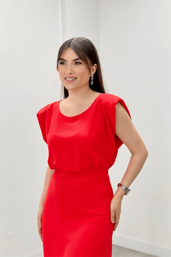 Ayrobin Kumaş Büzgü Detaylı Elbise - KIRMIZI