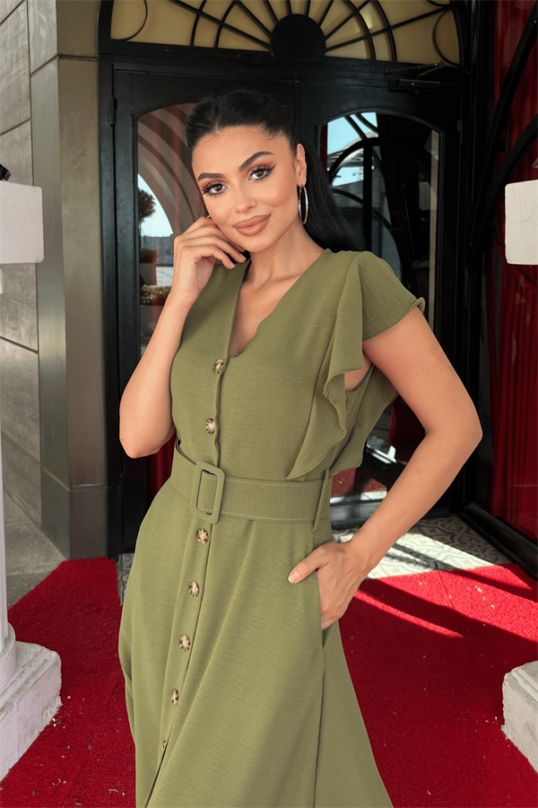 Ayrobin Kumaş Düğme Detaylı Elbise - HAKİ YEŞİLİ