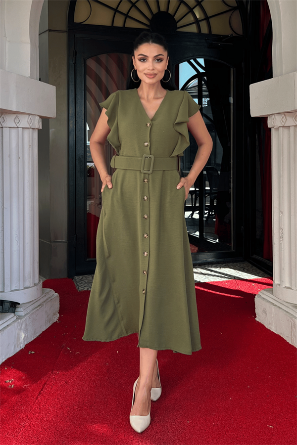 Ayrobin Kumaş Düğme Detaylı Elbise - HAKİ YEŞİLİ