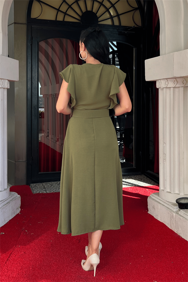 Ayrobin Kumaş Düğme Detaylı Elbise - HAKİ YEŞİLİ