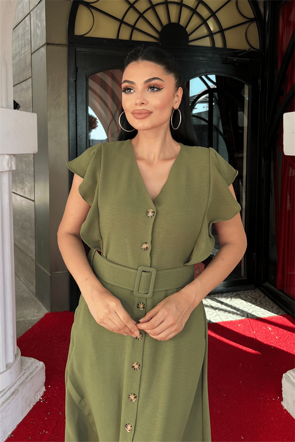 Ayrobin Kumaş Düğme Detaylı Elbise - HAKİ YEŞİLİ