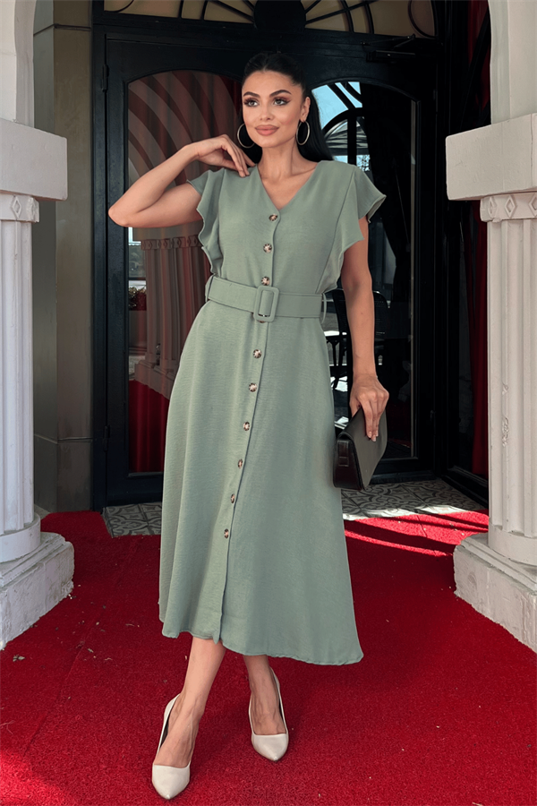 Ayrobin Kumaş Düğme Detaylı Elbise - MİNT YEŞİLİ