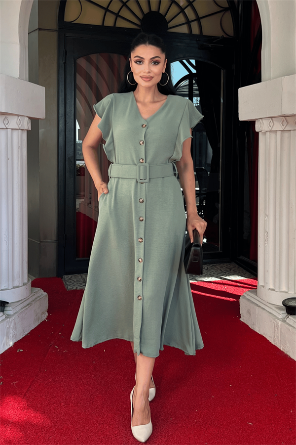 Ayrobin Kumaş Düğme Detaylı Elbise - MİNT YEŞİLİ