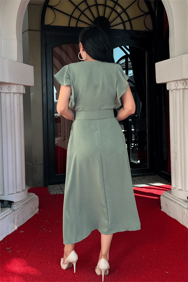 Ayrobin Kumaş Düğme Detaylı Elbise - MİNT YEŞİLİ