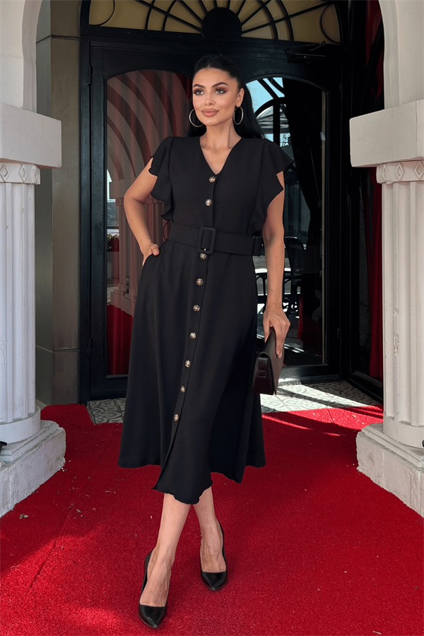 Ayrobin Kumaş Düğme Detaylı Elbise - SİYAH