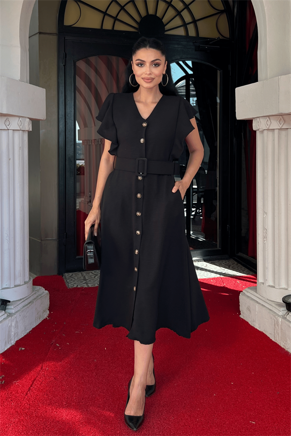 Ayrobin Kumaş Düğme Detaylı Elbise - SİYAH