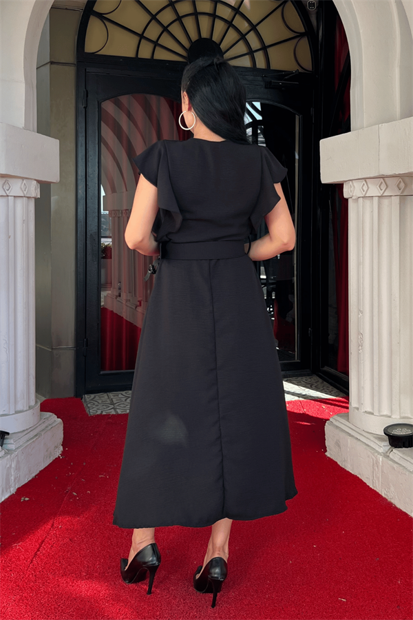 Ayrobin Kumaş Düğme Detaylı Elbise - SİYAH