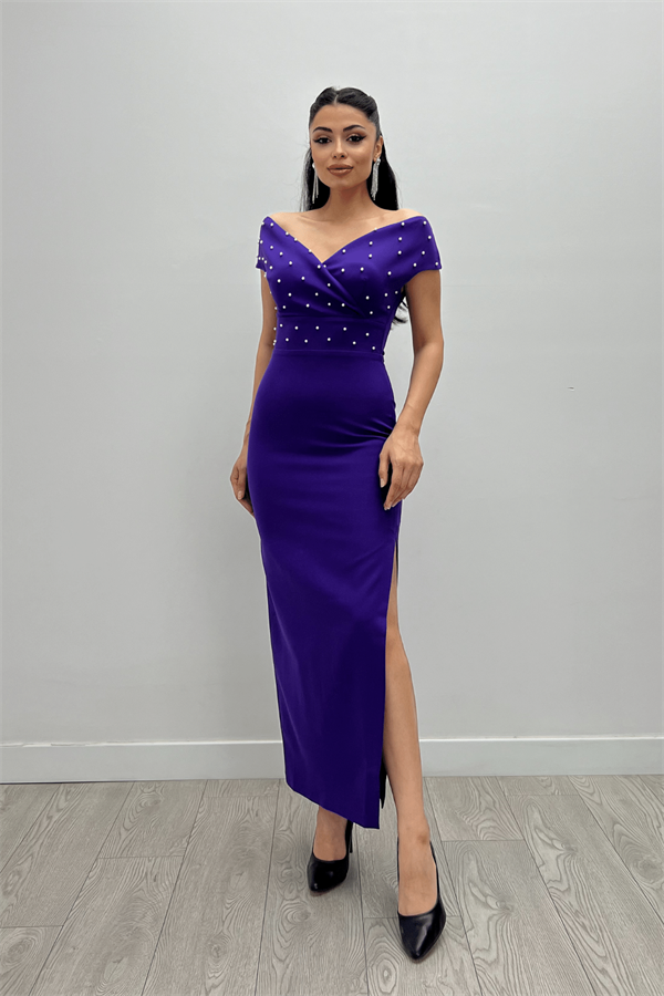 Babel Kumaş Kayık Yaka İnci Detaylı Kalem Elbise - PATLICAN MOR