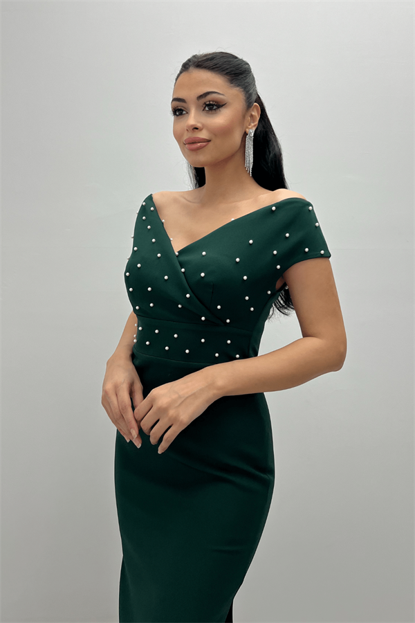 Babel Kumaş Kayık Yaka İnci Detaylı Kalem Elbise - ZÜMRÜT YEŞİL