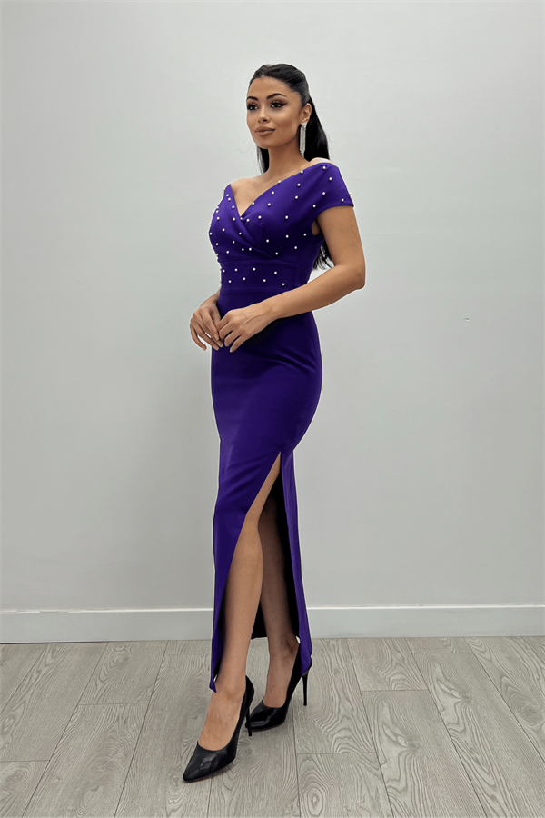 Babel Kumaş Kayık Yaka İnci Detaylı Kalem Elbise - PATLICAN MOR