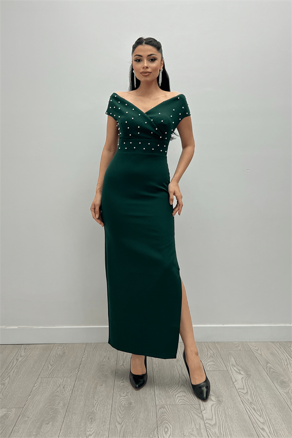 Babel Kumaş Kayık Yaka İnci Detaylı Kalem Elbise - ZÜMRÜT YEŞİL