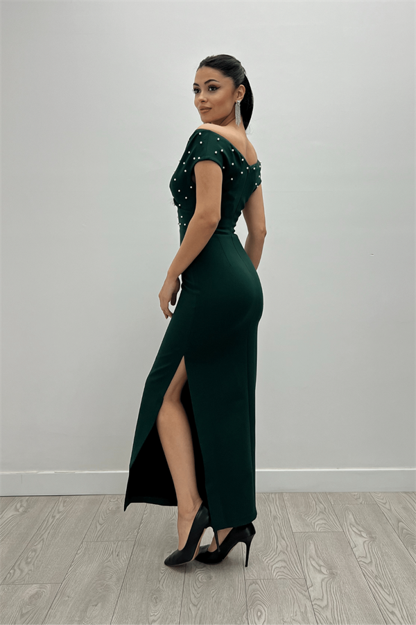 Babel Kumaş Kayık Yaka İnci Detaylı Kalem Elbise - ZÜMRÜT YEŞİL