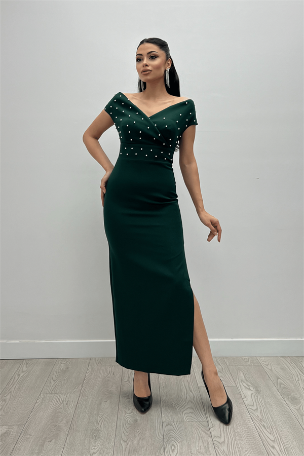 Babel Kumaş Kayık Yaka İnci Detaylı Kalem Elbise - ZÜMRÜT YEŞİL