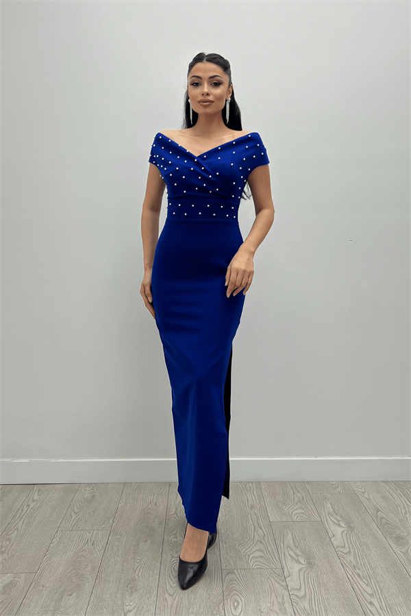 Babel Kumaş Kayık Yaka İnci Detaylı Kalem Elbise - SAKS MAVİ