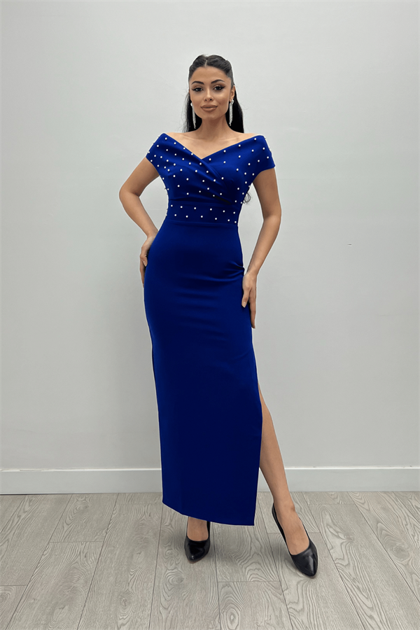 Babel Kumaş Kayık Yaka İnci Detaylı Kalem Elbise - SAKS MAVİ