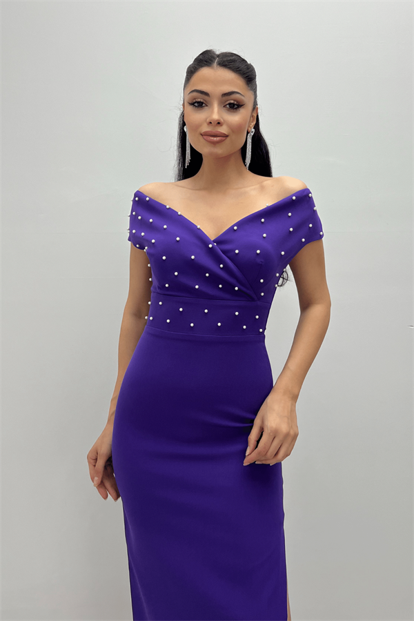 Babel Kumaş Kayık Yaka İnci Detaylı Kalem Elbise - PATLICAN MOR