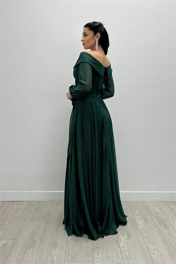 Bağcıklı Kol Kuşaklı Simli Tül Elbise - ZÜMRÜT YEŞİL