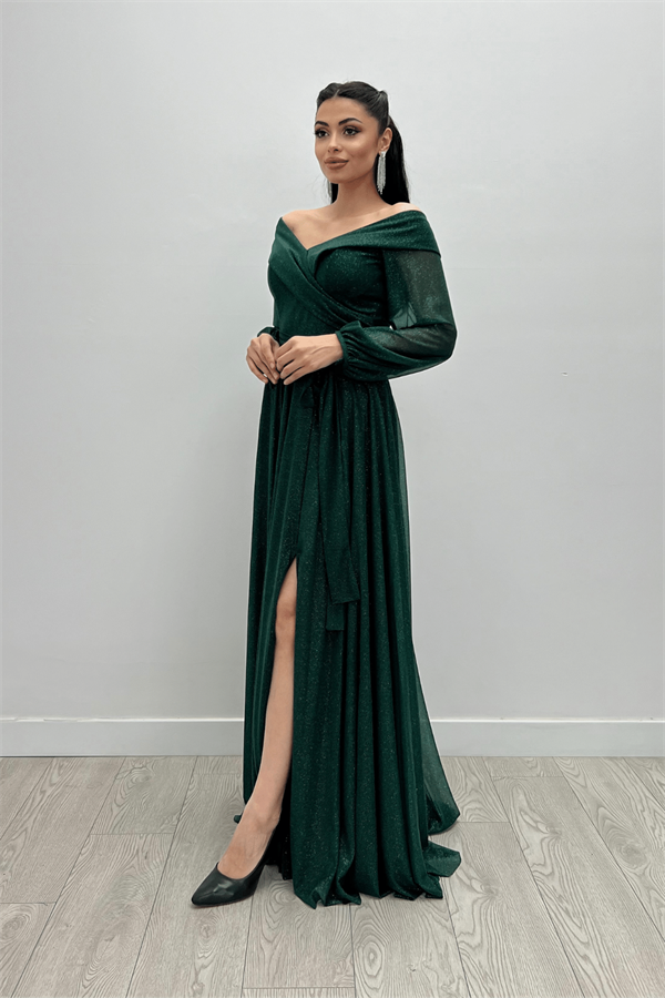 Bağcıklı Kol Kuşaklı Simli Tül Elbise - ZÜMRÜT YEŞİL