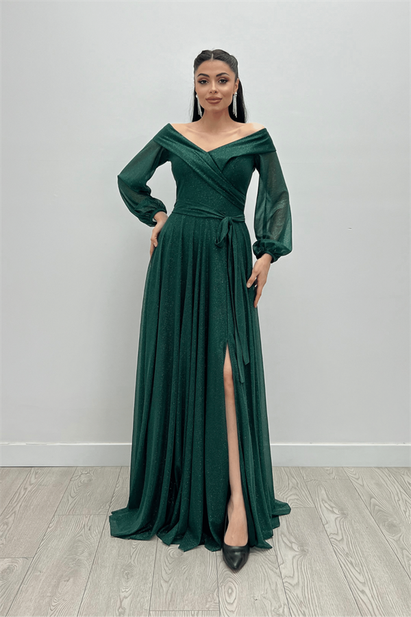 Bağcıklı Kol Kuşaklı Simli Tül Elbise - ZÜMRÜT YEŞİL