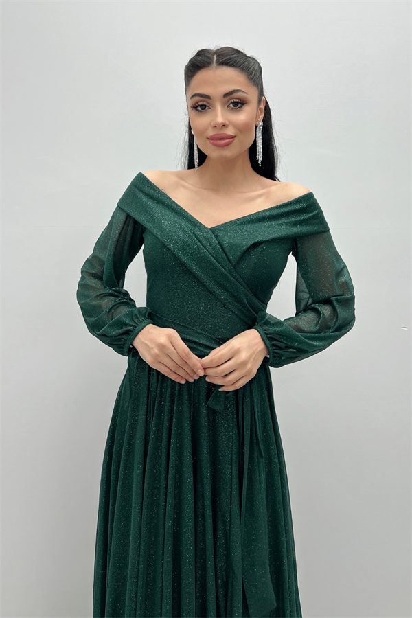 Bağcıklı Kol Kuşaklı Simli Tül Elbise - ZÜMRÜT YEŞİL