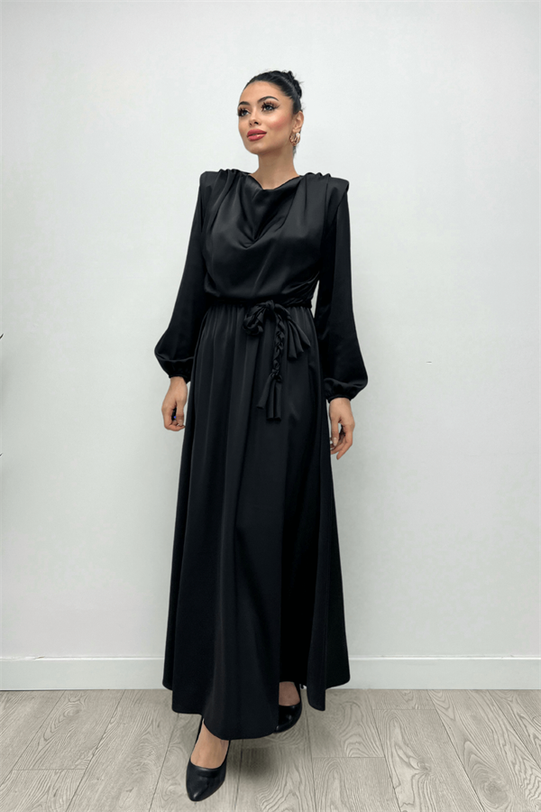 Beli Büzgülü Saten Abiye Elbise - SİYAH