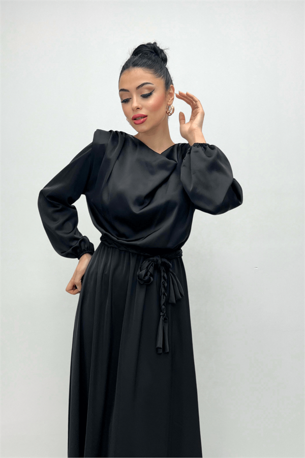 Beli Büzgülü Saten Abiye Elbise - SİYAH