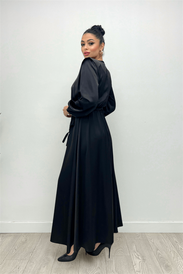 Beli Büzgülü Saten Abiye Elbise - SİYAH