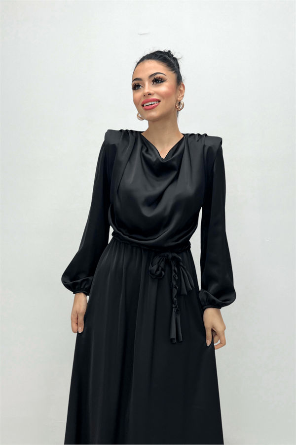 Beli Büzgülü Saten Abiye Elbise - SİYAH