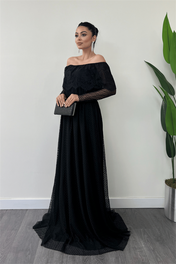 فستان دانتيل بخصر مطاطي - الأسود