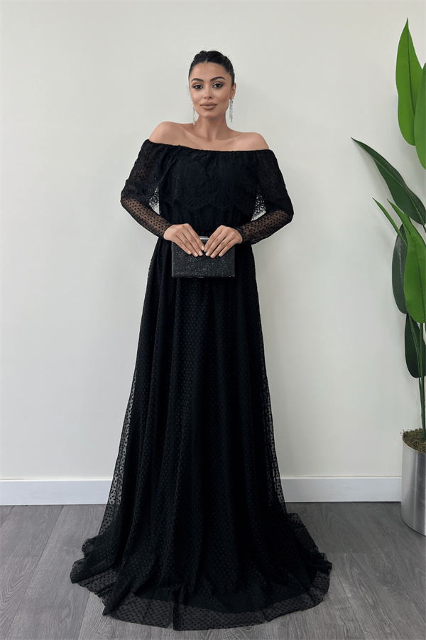 فستان دانتيل بخصر مطاطي - الأسود