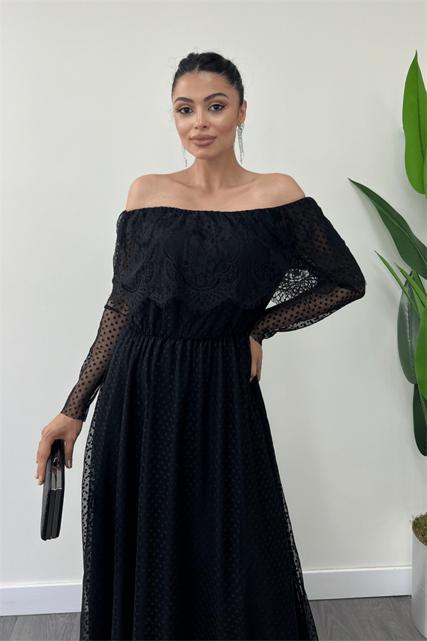 فستان دانتيل بخصر مطاطي - الأسود