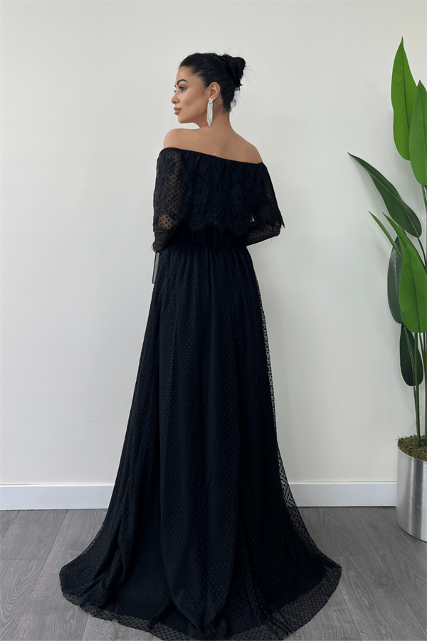 فستان دانتيل بخصر مطاطي - الأسود