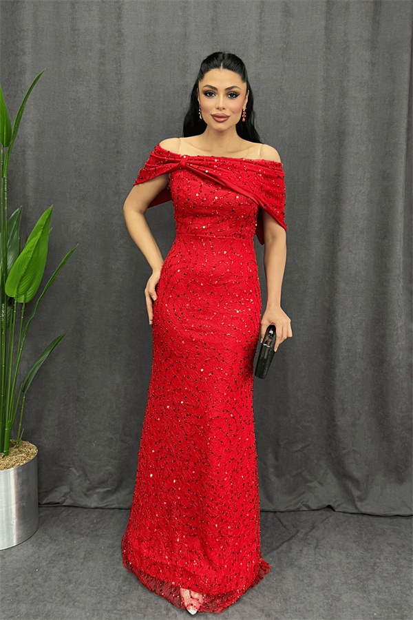 Boncuklu Dantel Kumaş Kayık Yaka Abiye Elbise - KIRMIZI
