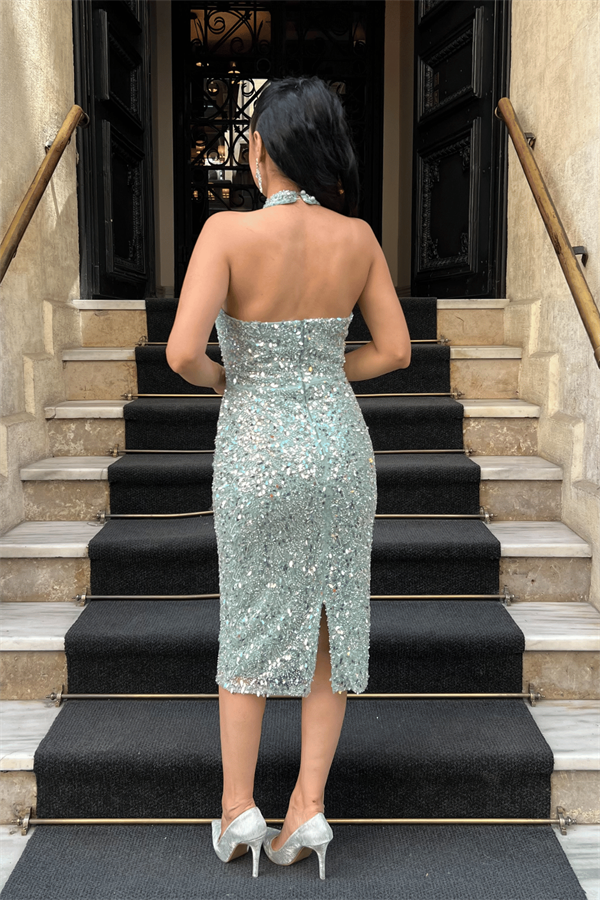 Boncuklu Kumaş Boyundan Bağlamalı Kalem Elbise - MİNT YEŞİLİ