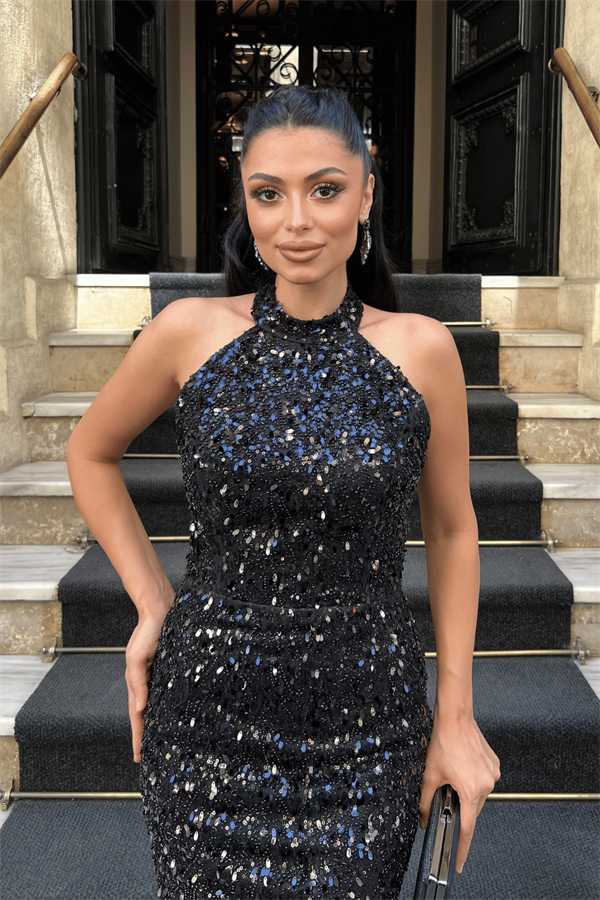 Boncuklu Kumaş Boyundan Bağlamalı Kalem Elbise - SİYAH