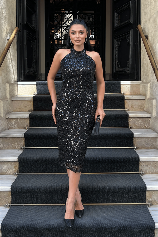 Boncuklu Kumaş Boyundan Bağlamalı Kalem Elbise - SİYAH