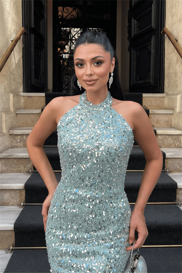 Boncuklu Kumaş Boyundan Bağlamalı Kalem Elbise - MİNT YEŞİLİ