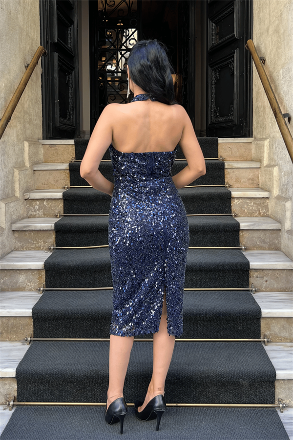 Boncuklu Kumaş Boyundan Bağlamalı Kalem Elbise - LACİVERT