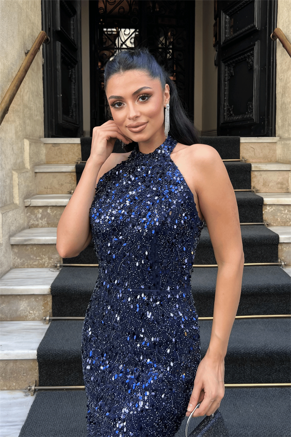 Boncuklu Kumaş Boyundan Bağlamalı Kalem Elbise - LACİVERT