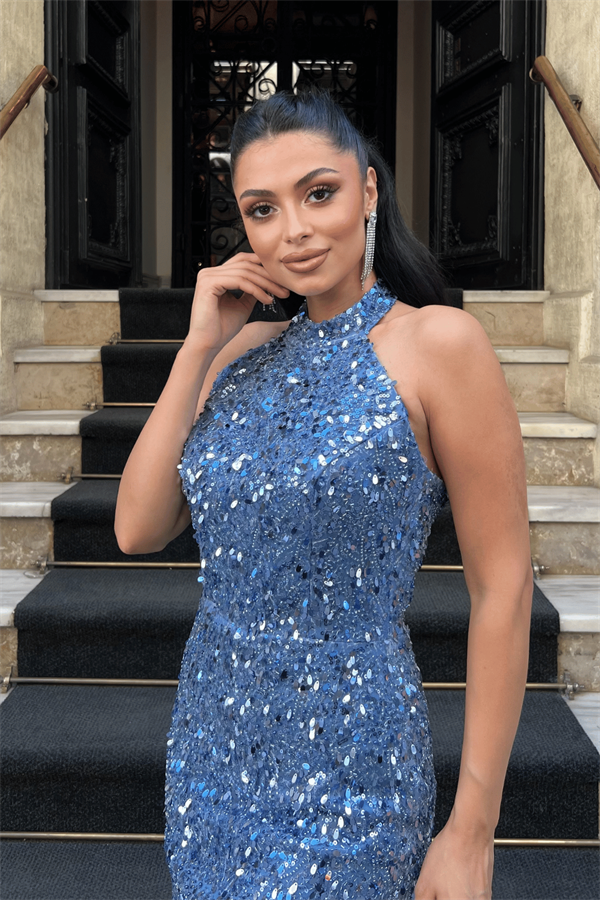 Boncuklu Kumaş Boyundan Bağlamalı Kalem Elbise - İNDİGO MAVİ