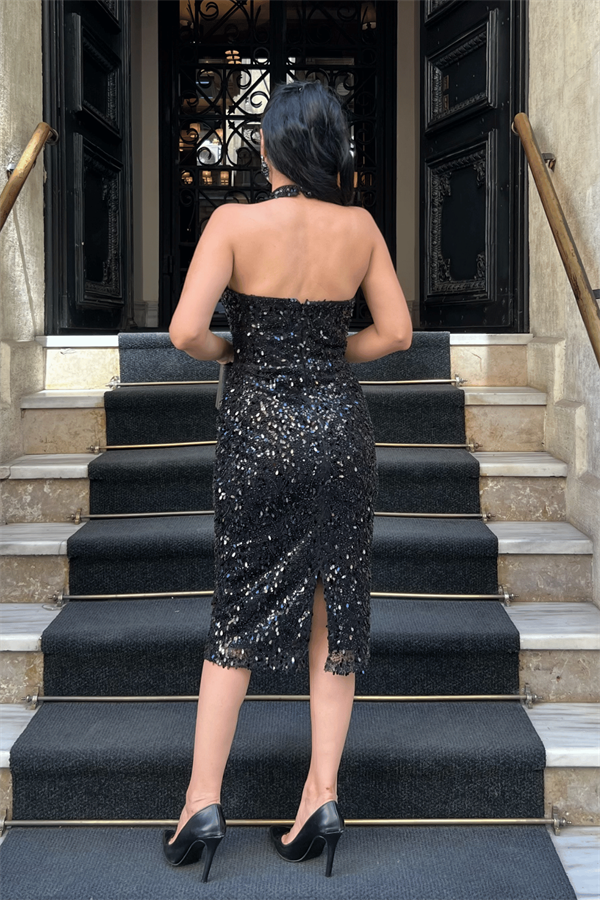 Boncuklu Kumaş Boyundan Bağlamalı Kalem Elbise - SİYAH