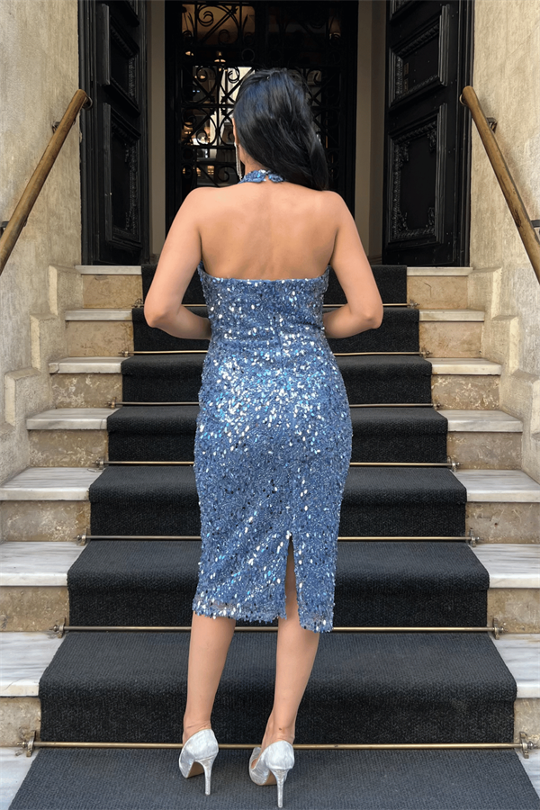 Boncuklu Kumaş Boyundan Bağlamalı Kalem Elbise - İNDİGO MAVİ