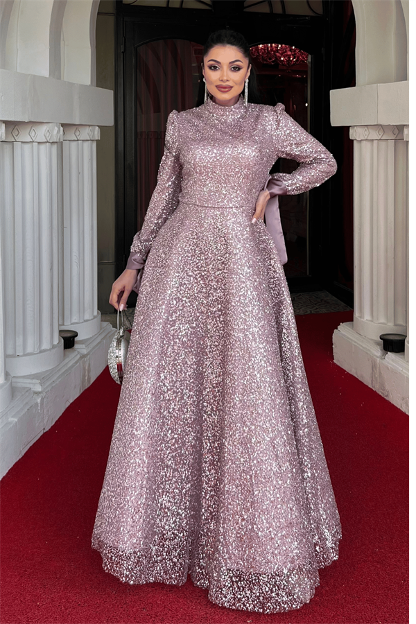 Boncuklu Kumaş Saten Detaylı Abiye Elbise - PUDRA