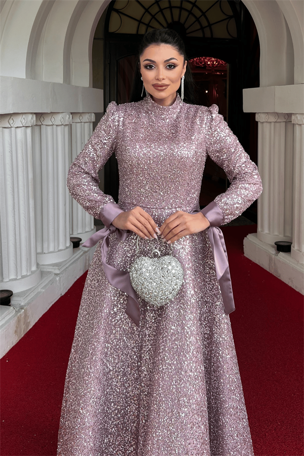 Boncuklu Kumaş Saten Detaylı Abiye Elbise - PUDRA