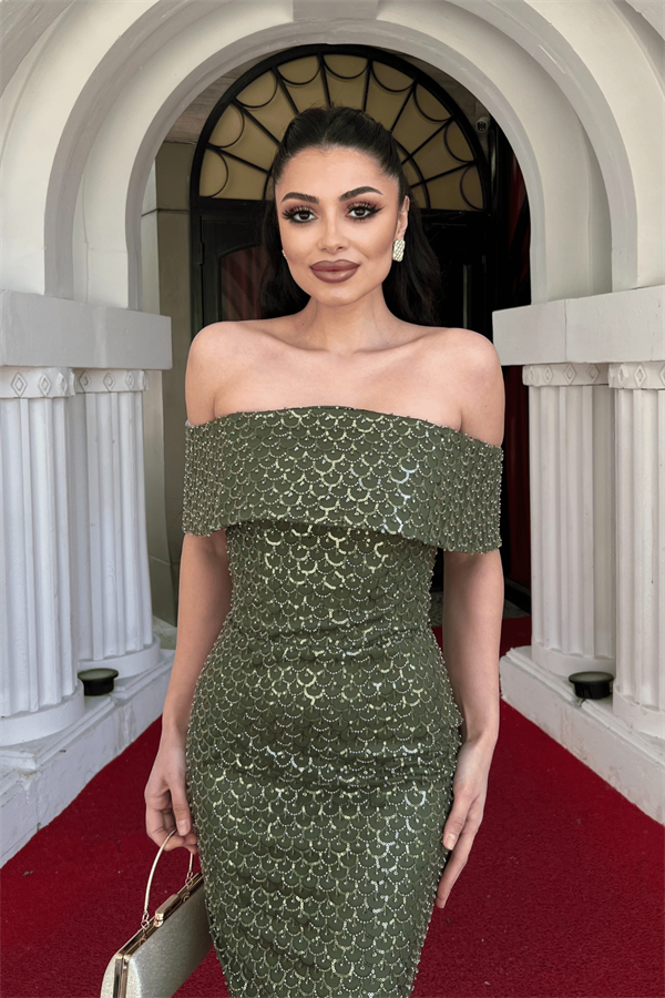 Boncuklu Tül Kumaş Straplez Kalem Elbise - HAKİ YEŞİLİ