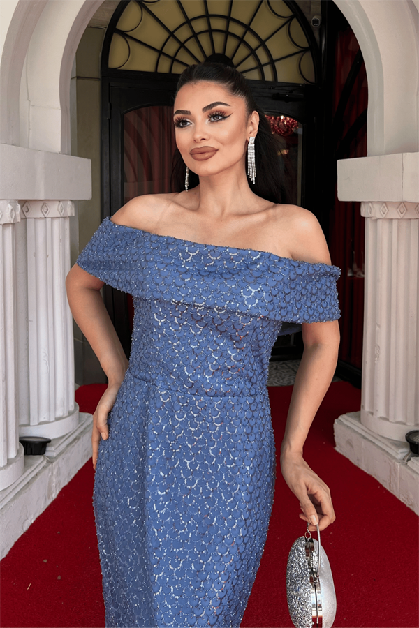 Boncuklu Tül Kumaş Straplez Kalem Elbise - İNDİGO MAVİ