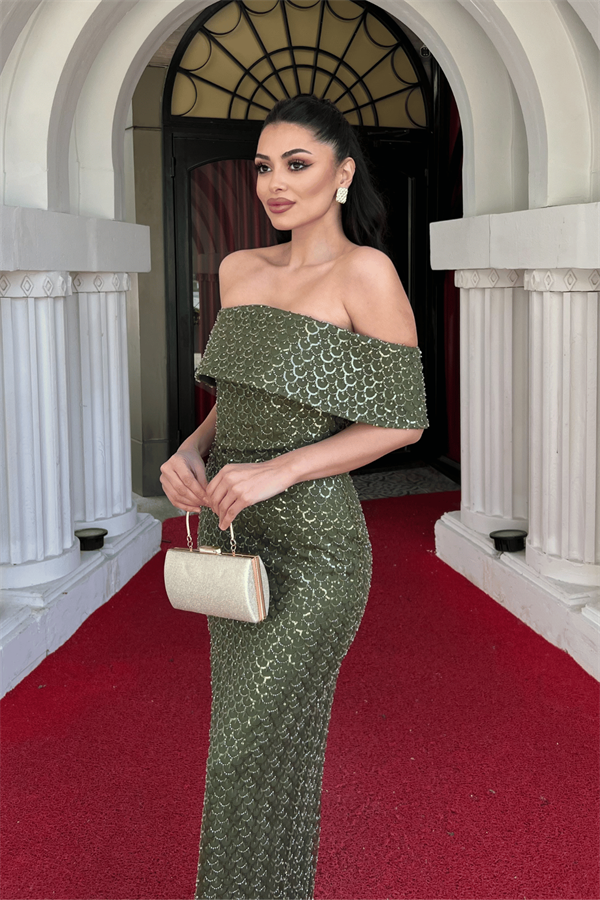 Boncuklu Tül Kumaş Straplez Kalem Elbise - HAKİ YEŞİLİ